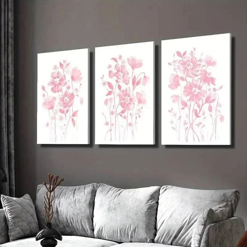 3pcs Small Fresh Light Pink Flowers Wall Art Set Canvas Framed 40x60cm - High Quality Print 100% Australian Made Wall Canvas Ready to Hang