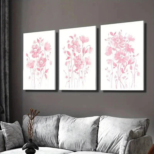 3pcs Small Fresh Light Pink Flowers Wall Art Set Canvas Framed 40x60cm - High Quality Print 100% Australian Made Wall Canvas Ready to Hang