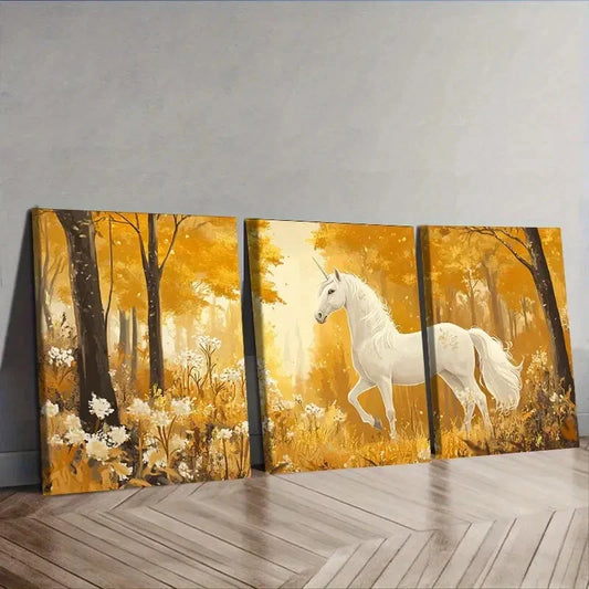 3pcs A White Unicorn in an Enchanted Forest Wall Art Set Canvas Framed 40x60cm - High Quality Print 100% Australian Made Wall Canvas Ready to Hang