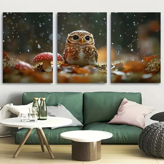 3pcs Adorable Owl Sheltered Under Red Mushroom Metal Print Ready to Hang Art