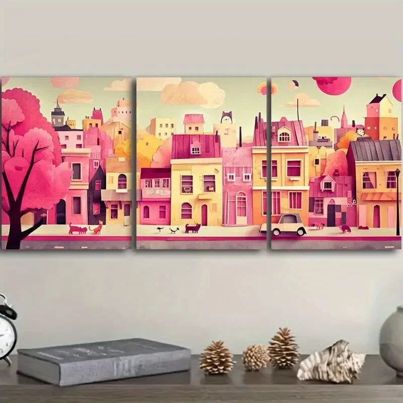 3pcs City with Cats and Dogs, Wall Art Set Canvas Framed 40x60cm - High Quality Print 100% Australian Made Wall Canvas Ready to Hang
