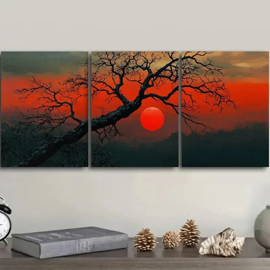 3pcs  The Red Sun Tree Art Painting Metal Print Ready to Hang Art