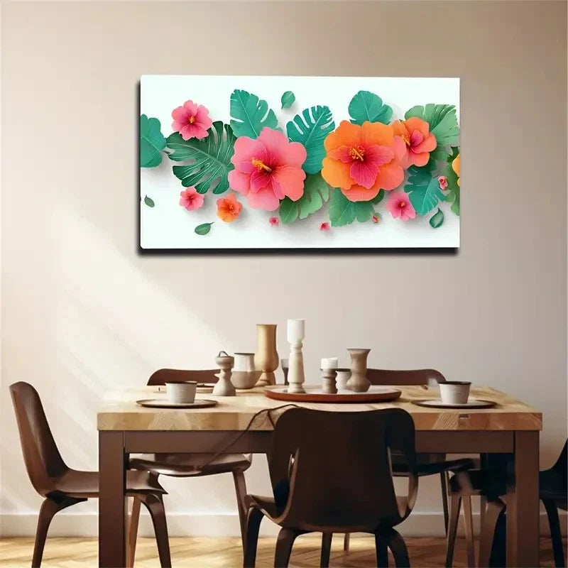 Colorful Flowers Large Leave Wall Art Canvas Office Home Room Framed 80x45cm