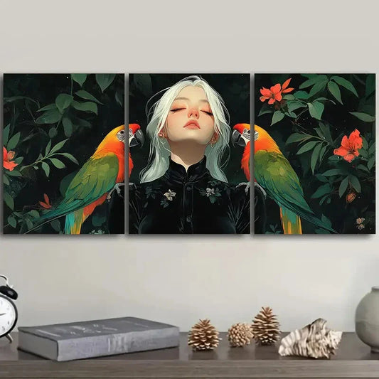 3pcs Colored parrots and girls Metal Print Ready to Hang Art