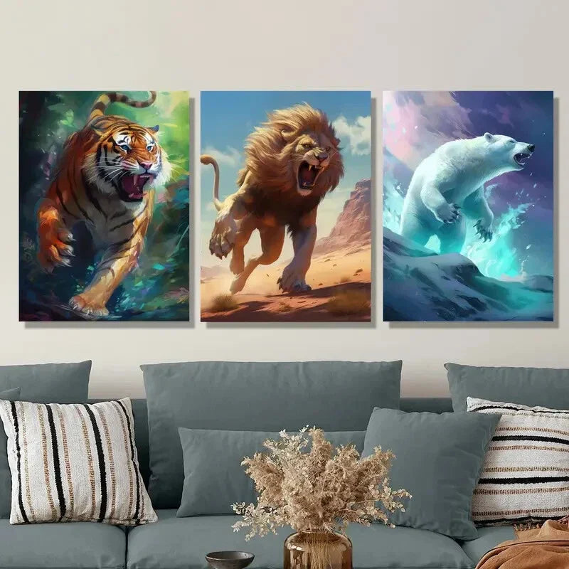 3pcs ferocious tiger lion and polar bear animal,  Metal Print Ready to Hang Art
