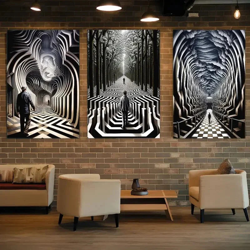 3pcs Abstract Psychedelic Modern Architectural Metal Print Ready to Hang Art
