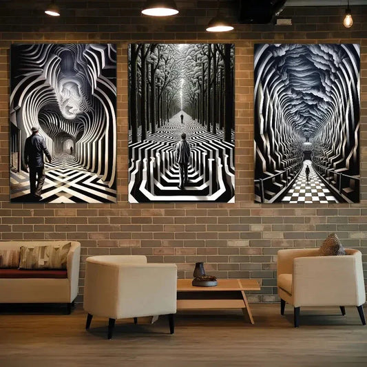 3pcs Abstract Psychedelic Modern Architectural Metal Print Ready to Hang Art