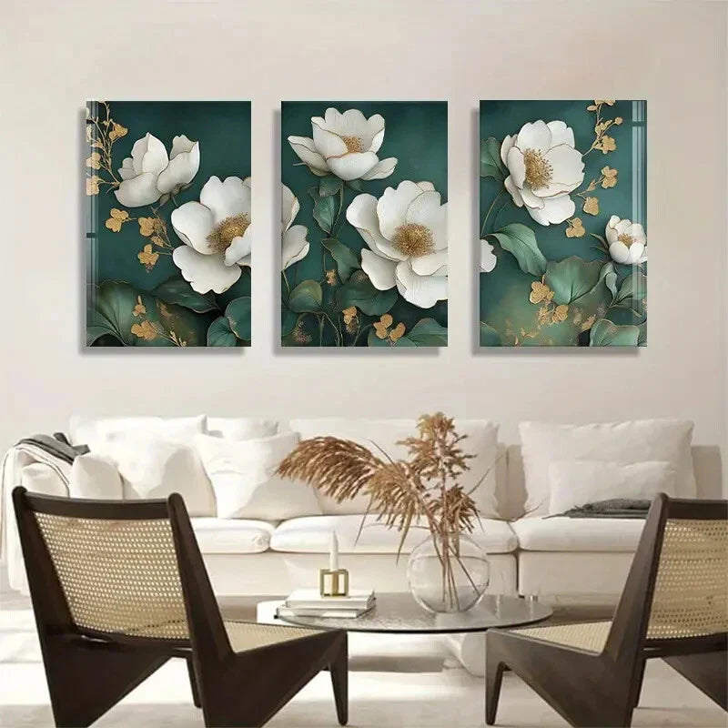 3pcs White Magnolia Flowers with Golden Perfect Wall Art Set Canvas Framed 40x60cm - High Quality Print 100% Australian Made Wall Canvas Ready to Hang