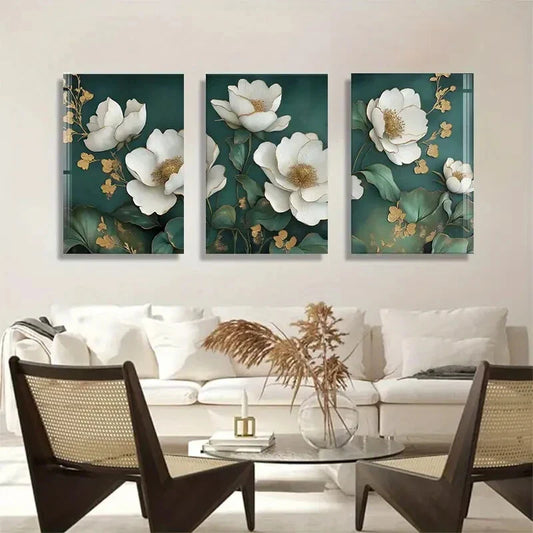3pcs White Magnolia Flowers with Golden Perfect Wall Art Set Canvas Framed 40x60cm - High Quality Print 100% Australian Made Wall Canvas Ready to Hang