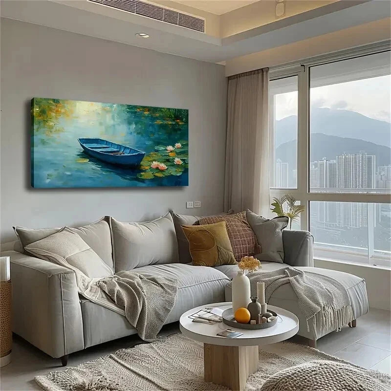 Serene Blue Boat Amongst Lilies Wall Art Canvas Office Home Room Framed 120x60cm