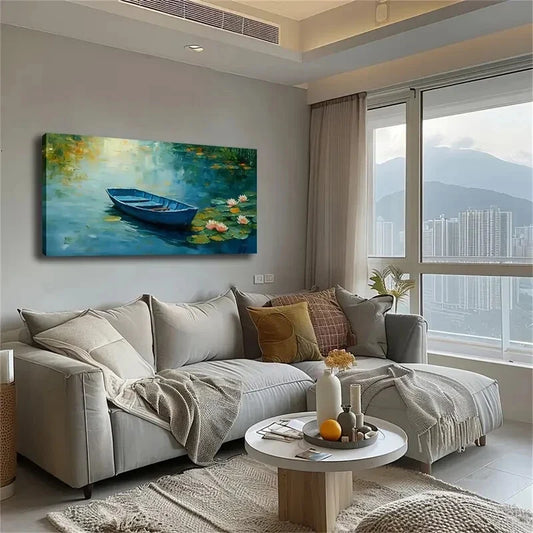 Serene Blue Boat Amongst Lilies Wall Art Canvas Office Home Room Framed 120x60cm