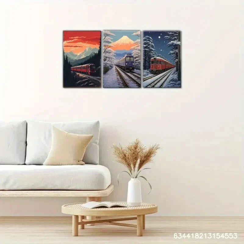 3pcs Train Tracks Moving Train Japanese Landscape Metal Print Ready to Hang Art