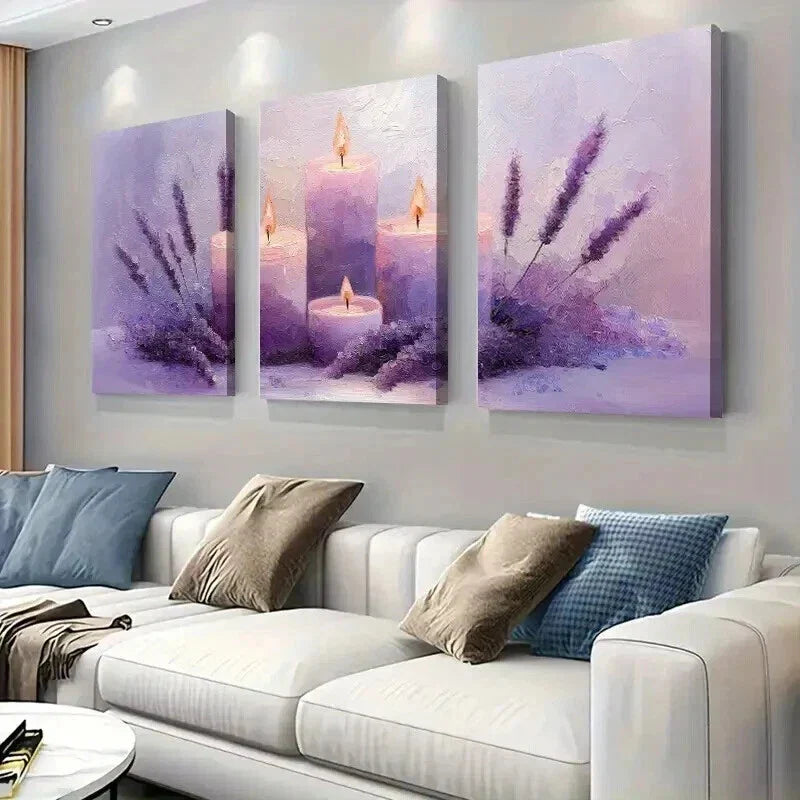 3pcs Purple Candles and Flowers Decor Wall Art Set Canvas Framed 40x60cm - High Quality Print 100% Australian Made Wall Canvas Ready to Hang