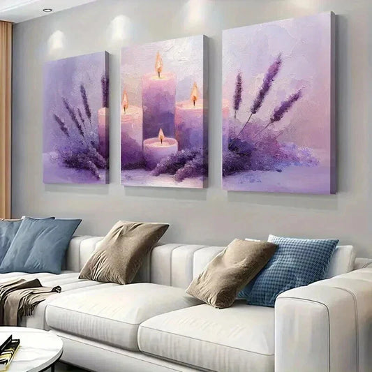 3pcs Purple Candles and Flowers Decor Wall Art Set Canvas Framed 40x60cm - High Quality Print 100% Australian Made Wall Canvas Ready to Hang