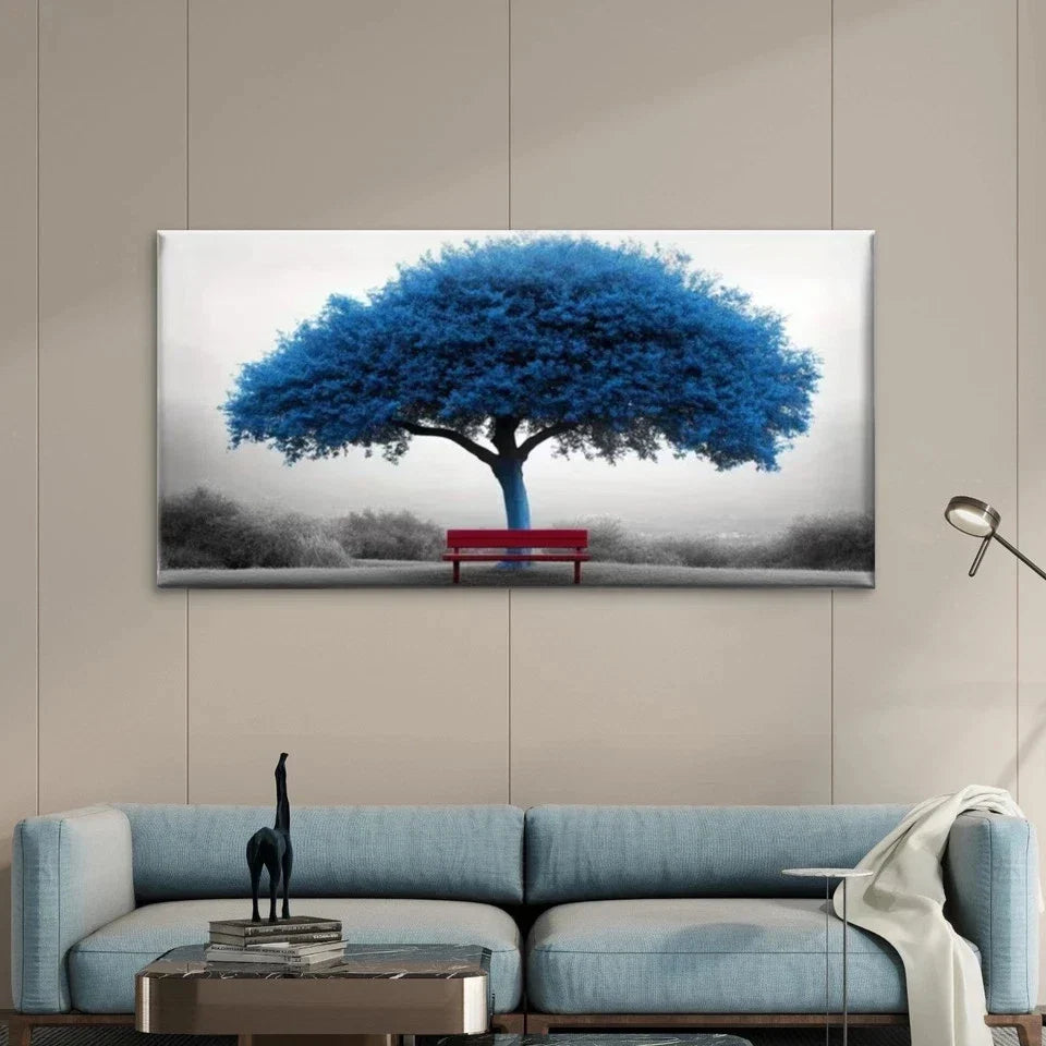Blue Tree & Red Bench Landscape Wall Art Canvas Office Home Room Framed 80x45cm