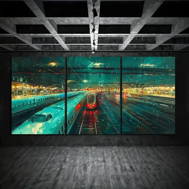3pcs Railway Station Night View Red Light Metal Print Ready to Hang Art