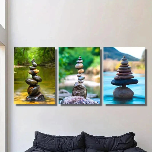 3pcs Stones Balanced on a Beach, Metal Print Ready to Hang Art