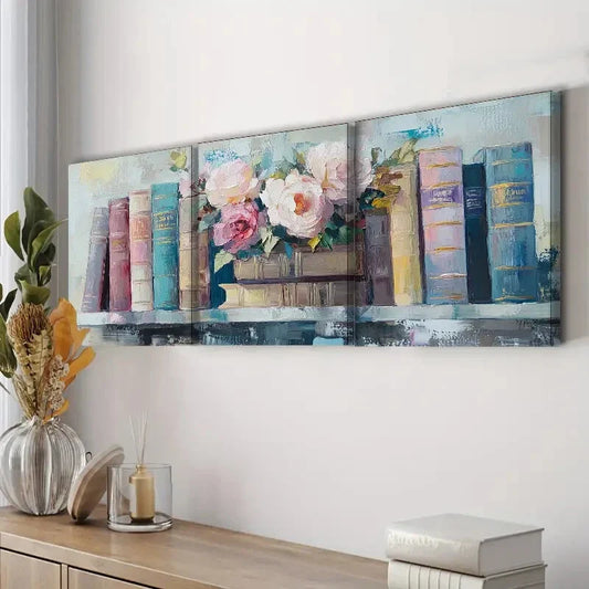 3pcs Books on the Shelf Rose Charm Perfect Wall Art Set Canvas Framed 40x60cm - High Quality Print 100% Australian Made Wall Canvas Ready to Hang