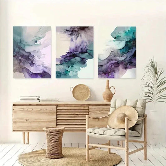 3pcs Violet Teal Watercolor Abstract Metal Print Ready to Hang Art