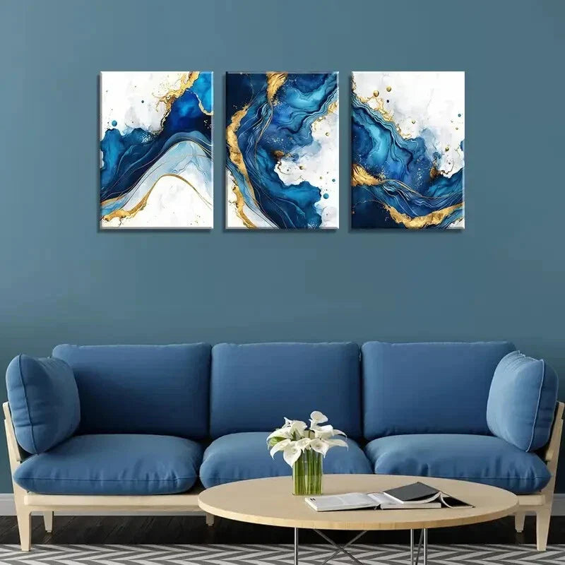 3pcs Blue Golden Abstract White Blue Golden  Metal Print Ready to Hang Art