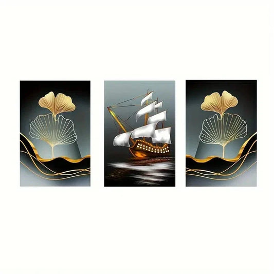 3pcs American Style Flower and Boat Metal Print Ready to Hang Art