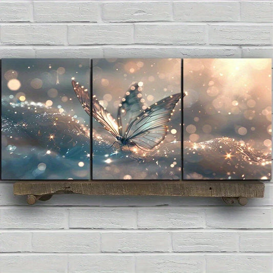 3pcs Butterflies Stunning Gold Bubbles Metal Print Ready to Hang Art