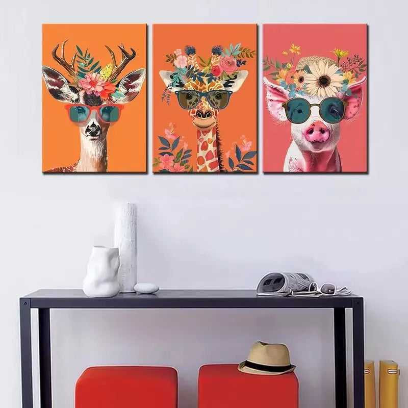 3pcs Colorful Flowers Animals Art Canvas Framed 40x60cm - High Quality Print 100% Australian Made Wall Canvas Ready to Hang