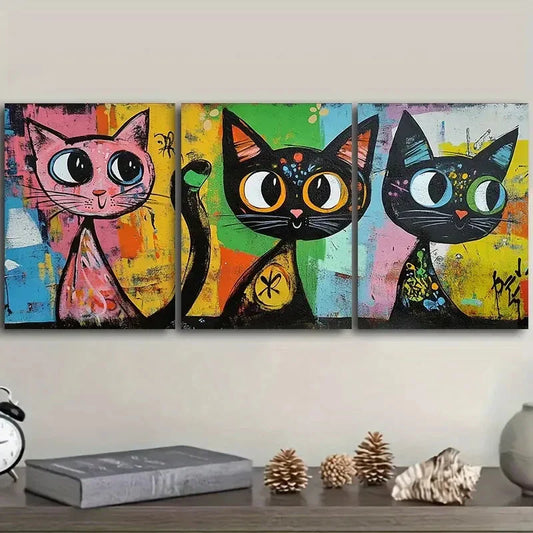3pcs Colorful cats with big eyes  Metal Print Ready to Hang Art