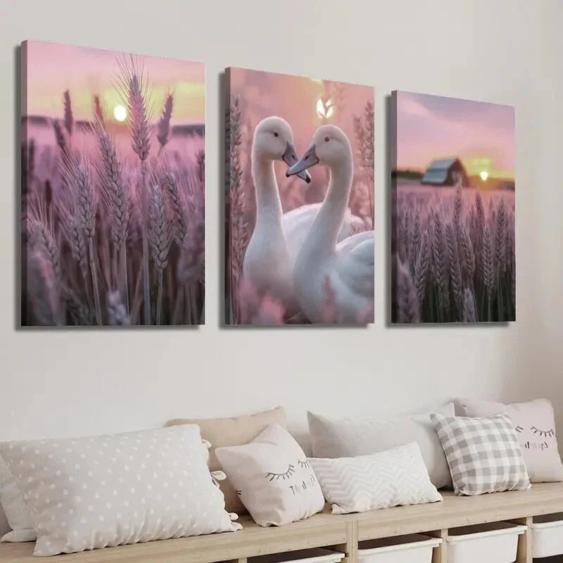 3pcs Sunset Swans & Purple Wheat Field Decor Wall Art Set Canvas Framed 40x60cm - High Quality Print 100% Australian Made Wall Canvas Ready to Hang