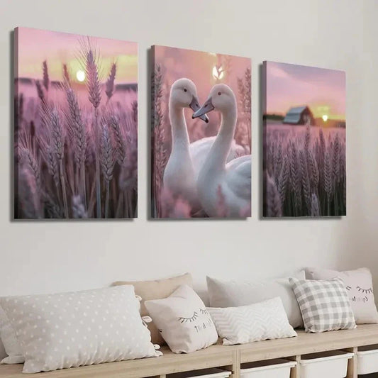 3pcs Sunset Swans & Purple Wheat Field Decor Wall Art Set Canvas Framed 40x60cm - High Quality Print 100% Australian Made Wall Canvas Ready to Hang