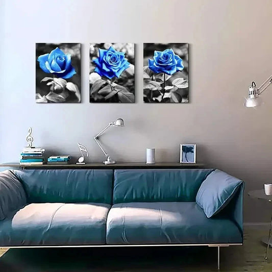3pcs Black And White Blue Rose Flowers  Metal Print Ready to Hang Art