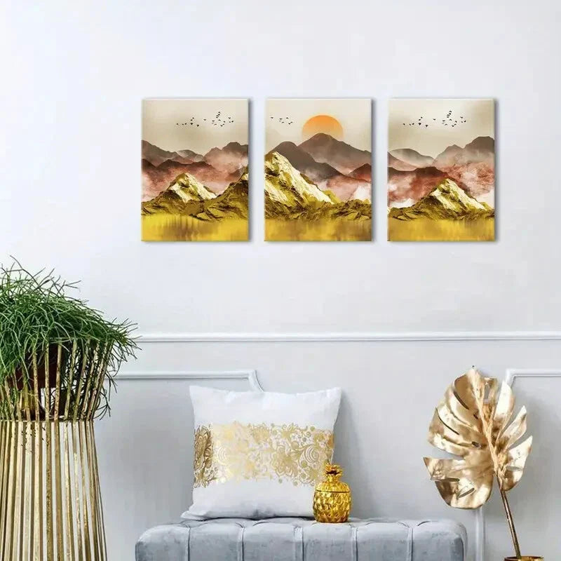3pcs Golden Sunset Landscape with Birds Metal Print Ready to Hang Art