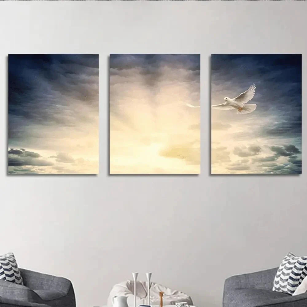 3pcs White Pigeon Rays Natural Scenery Metal Print Ready to Hang Art