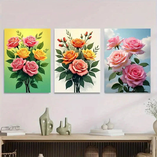 3pcs Colorful Rose Bouquet Vibrant Floral Metal Print Ready to Hang Art