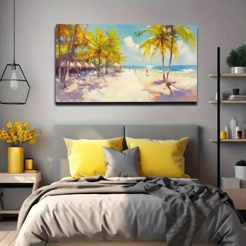 Tropical Beach Scene Palm Wall Art Canvas Office Home Room Framed 120x60cm