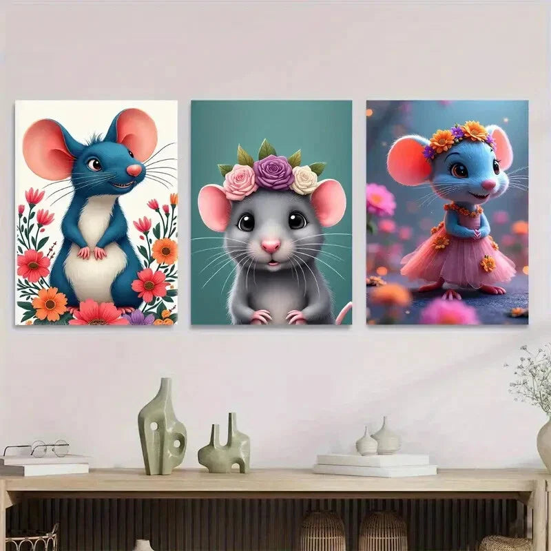 3pcs Charming Mouse Cute Animal Picture Wall Art Set Canvas Framed 40x60cm - High Quality Print 100% Australian Made Wall Canvas Ready to Hang