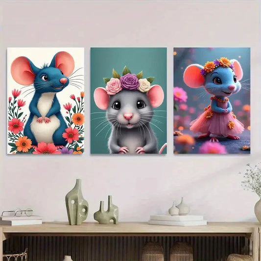 3pcs Charming Mouse Cute Animal Picture Wall Art Set Canvas Framed 40x60cm - High Quality Print 100% Australian Made Wall Canvas Ready to Hang