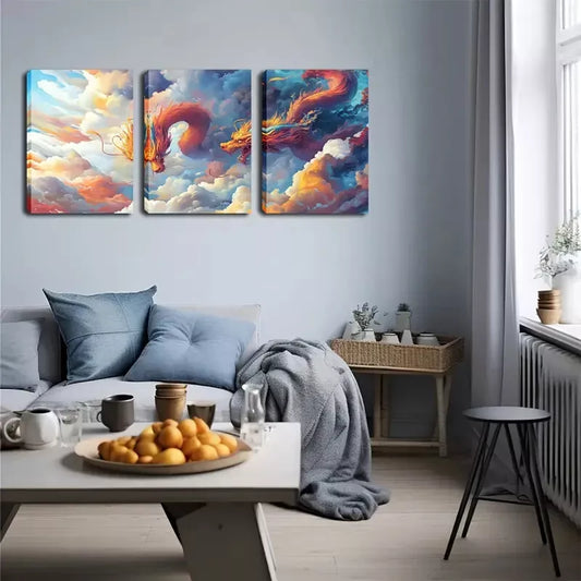 3pcs  Two Majestic Dragons Wall Art Set Canvas Framed 40x60cm - High Quality Print 100% Australian Made Wall Canvas Ready to Hang