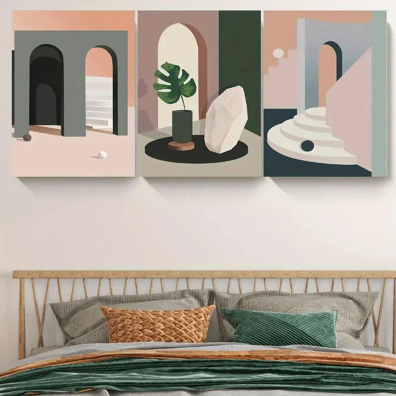 3pcs Abstract Charming Green Leaf Geometric Shapes Metal Print Ready to Hang Art