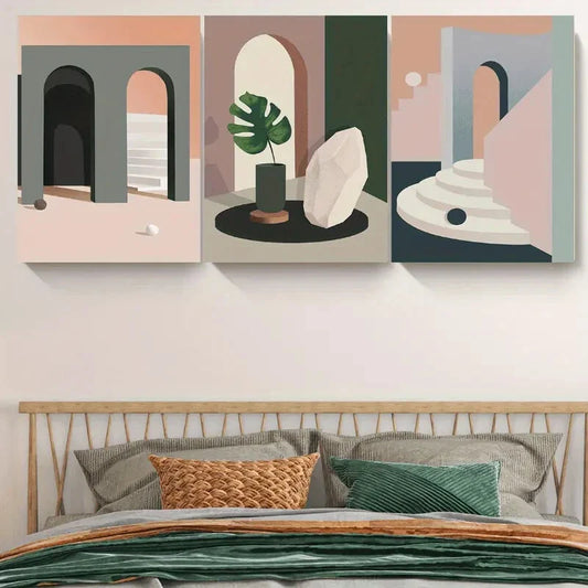 3pcs Abstract Charming Green Leaf Geometric Shapes Metal Print Ready to Hang Art