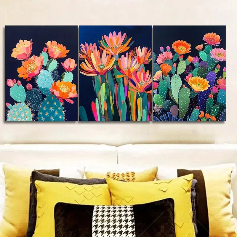 3pcs Vibrant Cactus Night Garden Wall Art Set Canvas Framed 40x60cm - High Quality Print 100% Australian Made Wall Canvas Ready to Hang