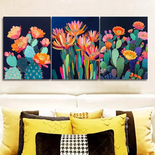 3pcs Vibrant Cactus Night Garden Wall Art Set Canvas Framed 40x60cm - High Quality Print 100% Australian Made Wall Canvas Ready to Hang