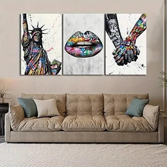 3pcs Colorful Lip Hands Statue Painting  Metal Print Ready to Hang Art