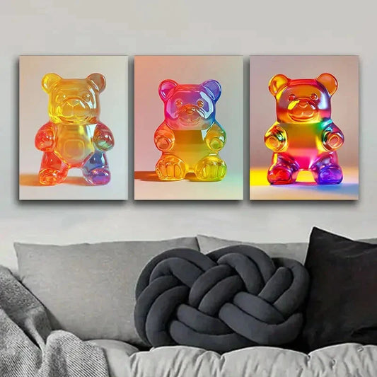 3pcs  Gummy Bear, Art Deco Art Painting Metal Print Ready to Hang Art