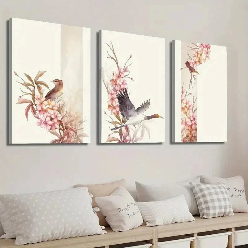 3pcs Bird and Botanical Flower Illustration Wall Art Set Canvas Framed 40x60cm - High Quality Print 100% Australian Made Wall Canvas Ready to Hang