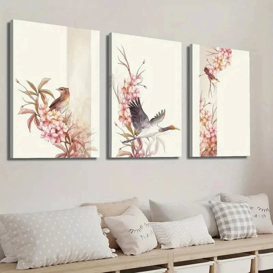 3pcs Bird and Botanical Flower Illustration Wall Art Set Canvas Framed 40x60cm - High Quality Print 100% Australian Made Wall Canvas Ready to Hang