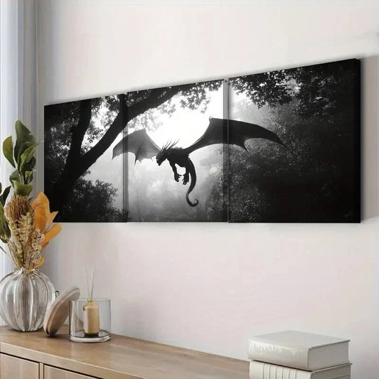 3pcs Dragons in the Sky Dark Fear Danger Wall Art Set Canvas Framed 40x60cm - High Quality Print 100% Australian Made Wall Canvas Ready to Hang