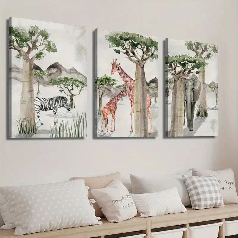 3pcs African Animals Jungle Theme Wall Art Set Canvas Framed 40x60cm - High Quality Print 100% Australian Made Wall Canvas Ready to Hang