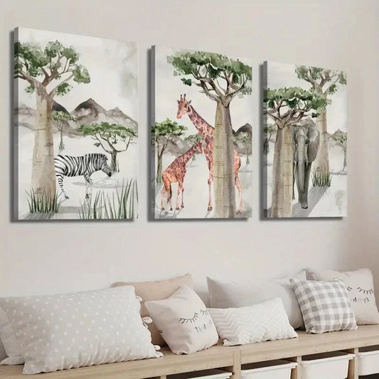 3pcs African Animals Jungle Theme Wall Art Set Canvas Framed 40x60cm - High Quality Print 100% Australian Made Wall Canvas Ready to Hang