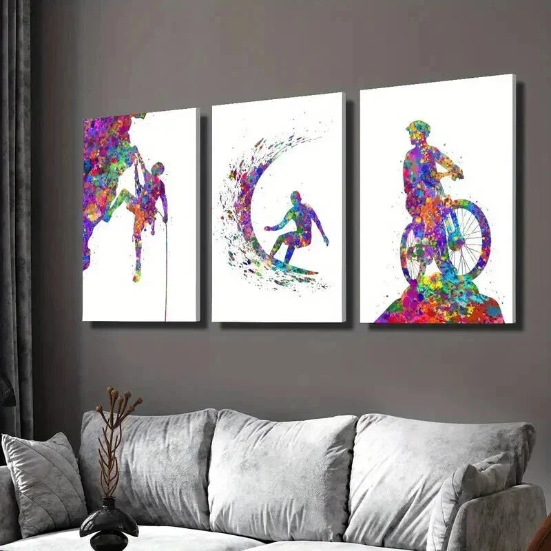 3pcs Colorful Rock Climber Surfer Mountain Biker Wall Art Set Canvas Framed 40x60cm - High Quality Print 100% Australian Made Wall Canvas Ready to Hang